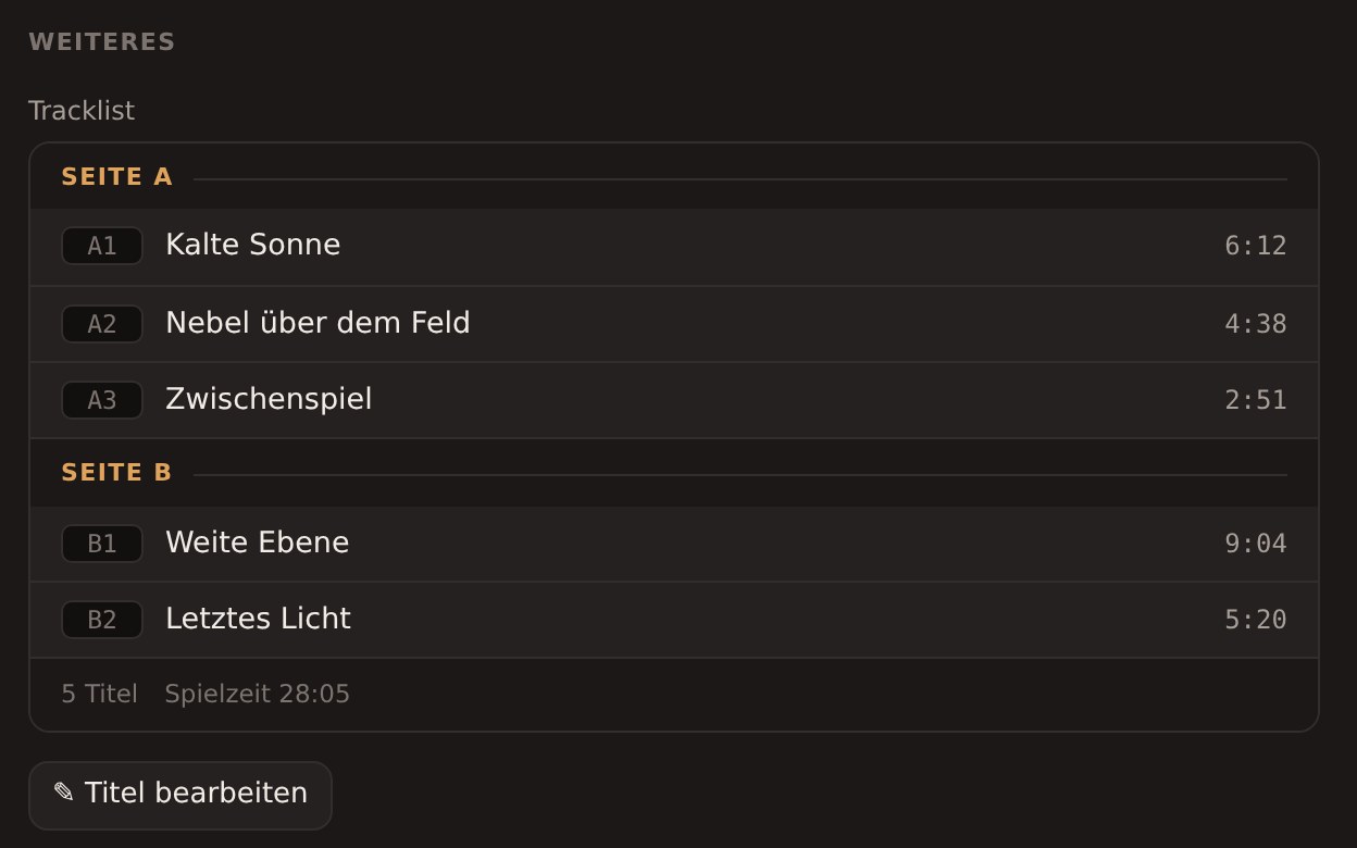 Die Titelliste einer Platte, nach Seite A und Seite B gegliedert, mit Spieldauer je Stück und der Gesamtspielzeit.